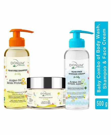 Donum Naturals Baby Tear Free Body Wash, Moisturizing Saffron Vitamin F Cream &Tear Free Shampoo Combo of 3 - 220 ml, 60 gm & 220 ml