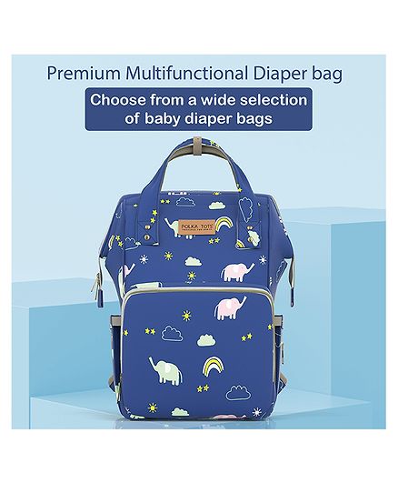 Polka Tots Backpack Style Waterproof Elephant Print Diaper Bag - Blue