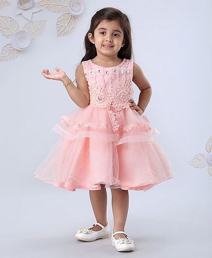 Mark & Mia Sleeveless Party Wear Frock Floral Embellishment - Peach