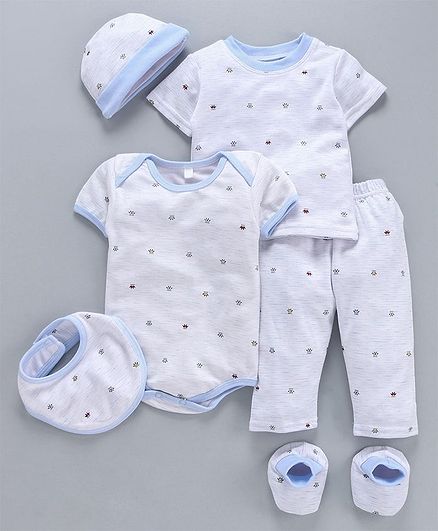 MFM Half Sleeves Printed 6 Piece Clothing Set Crown Print - White Blue