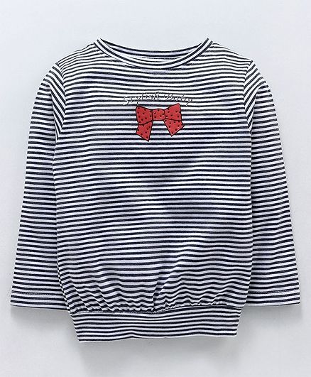 Simply Full Sleeves Stripe Tee Studded Bow Print - Black White