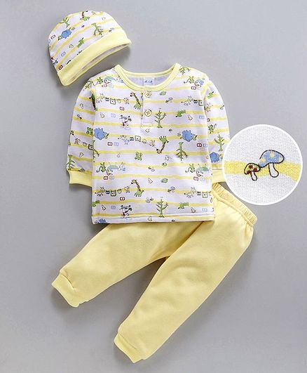 MFM Full Sleeves Tee & Lounge Pant With Cap Animal Print - Yellow