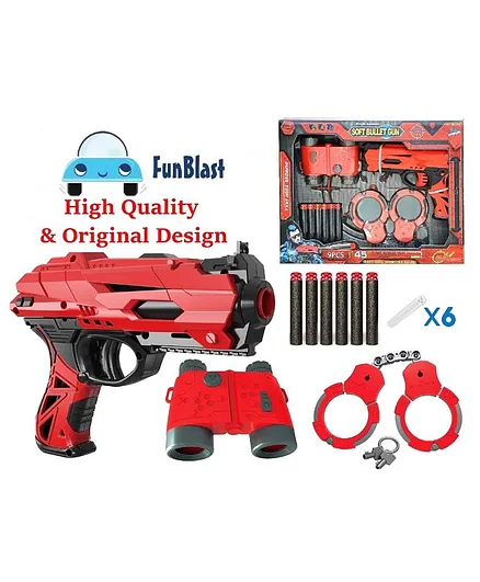 FunBlast Manual Soft Bullet Gun with Bullets, Handcuffs and Telescope - Red