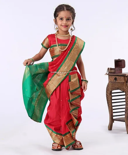 Bhartiya Paridhan Ethnic Saree & Blouse With Jari Border - Red Green