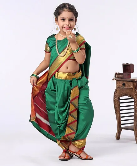 Bhartiya Paridhan Ethnic Saree & Blouse With Jari Border - Dark Green