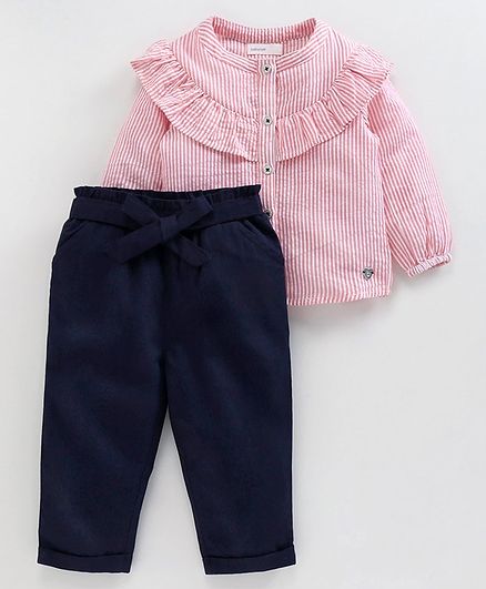 Babyoye Full Sleeves Striped Top & Bottoms Set - Light Red & Black