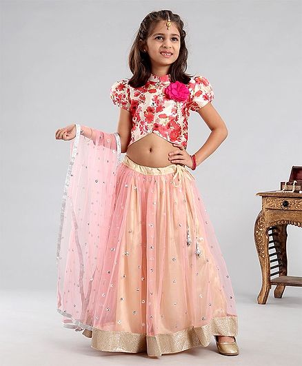 Saka Designs Lehenga & Half Sleeves Choli Set With Dupatta Floral Print - Peach