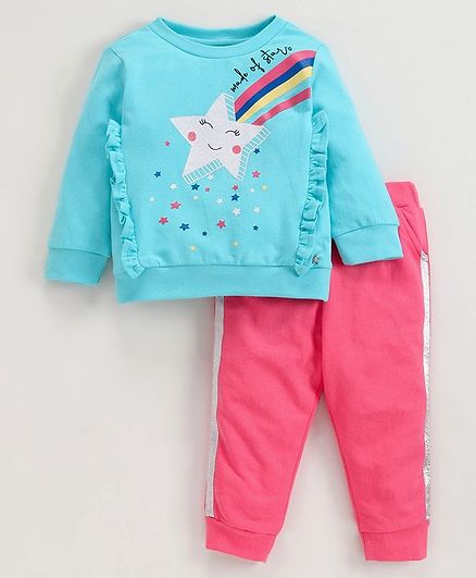 Babyoye Cotton Full Sleeves Winter Tee And Lounge Pant Star Print - Blue Pink