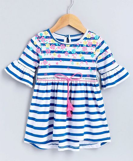 Babyoye Full Sleeves Striped Cotton Frock Floral Print - White Blue