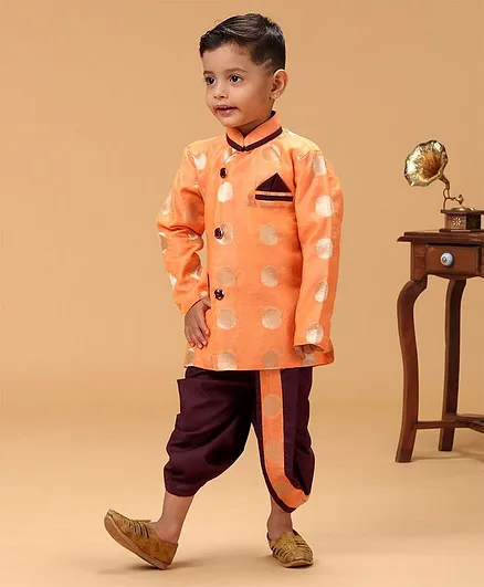 Bownbee Brocade Full Sleeves Sherwani Style Kurta & Dhoti Set - Orange