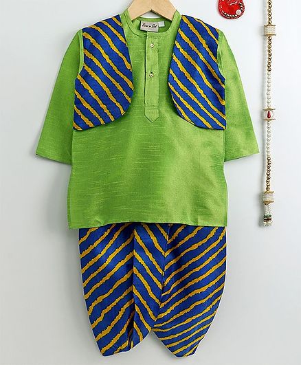 Bownbee Full Sleeves Kurta With Attached Leheriya Pattern Jacket & Dhoti Set - Blue