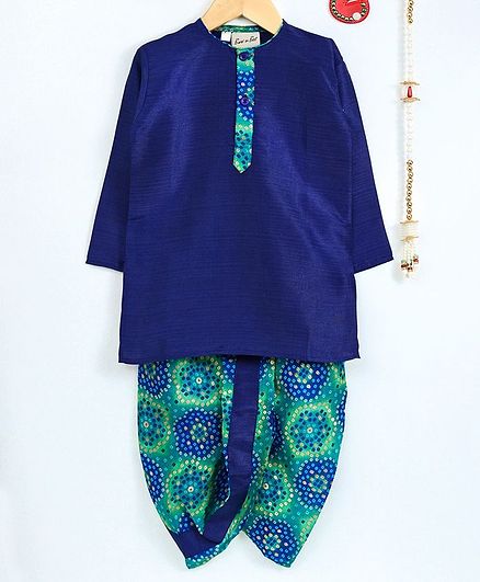 Bownbee Full Sleeves Bandhani Print Kurta & Dhoti Set - Blue