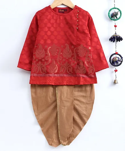 Twisha Full Sleeves Motif Print Kurta With Dhoti - Red & Golden