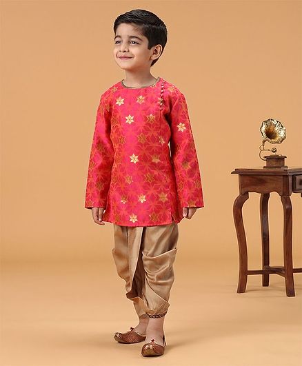 Twisha Gold Flower Print Full Sleeves Kurta With Dhoti - Coral & Golden