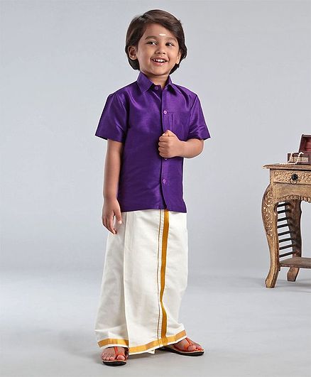 Ridokidz Solid Half Sleeves Shirt With Kasavu Mundu - Violet