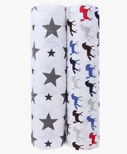 Haus & Kinder Cotton Muslin Swaddle Wrap Star and Horse Print Pack of 2 - White