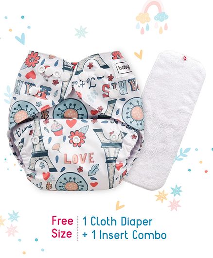 Babyhug Free Size Reusable Cloth Diaper With Insert Paris Print - White