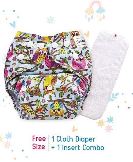 Babyhug Free Size Reusable Cloth Diaper With Insert Owl Print - Blue