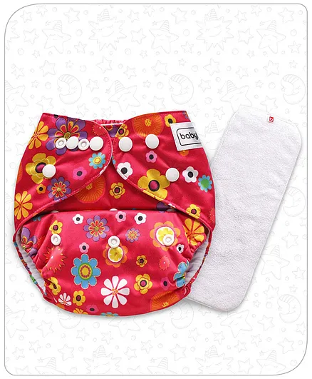 Babyhug Free Size Reusable Cloth Diaper With Insert Floral Print - Red (Packaging May Vary)
