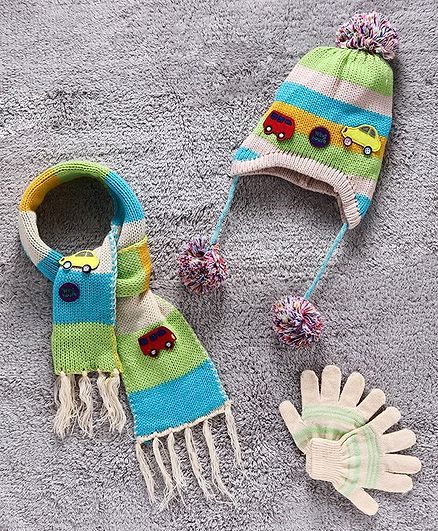 Babyhug Woollen Cap Mittens & Muffler Set Car Patch - Multicolor