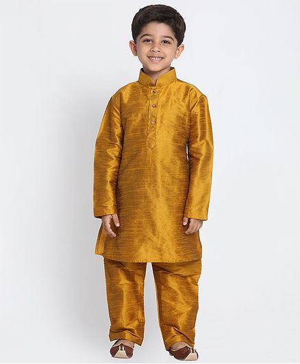 Vastramay Solid Full Sleeves Kurta & Pajama Set - Golden