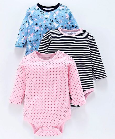 Babyoye Full Sleeves Striped & Multi Printed Cotton Onesies Pack of 3 - Blue Pink