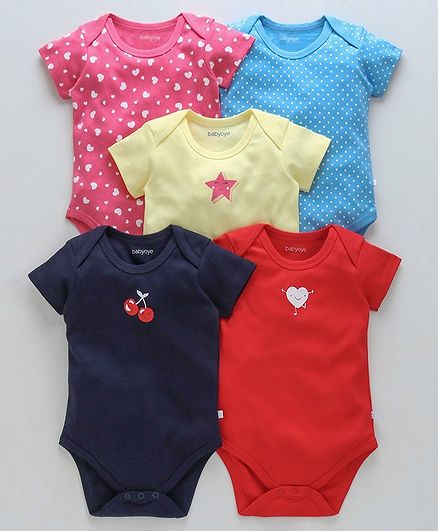 Babyoye Half Sleeves Multi Printed Cotton Onesies Pack of 5 - Multicolour