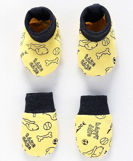 Babyoye Cotton Mittens & Booties Dog Print - Yellow