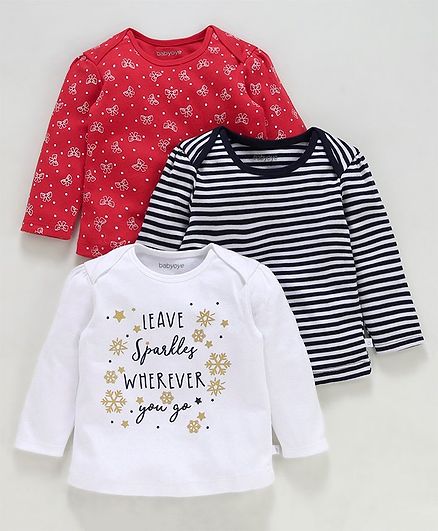 Babyoye Cotton Full Sleeves T-Shirts Pack Of 3 Printed & Striped - White Black Red