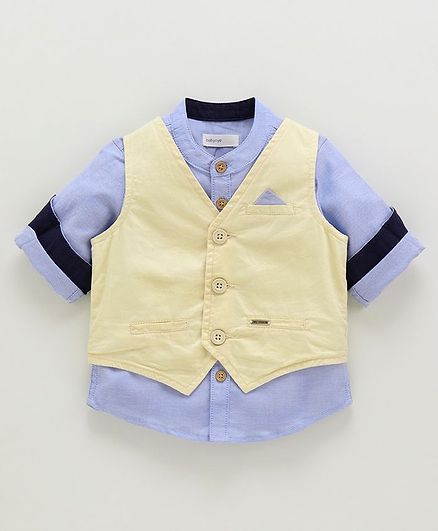 Babyoye Full Sleeves Cotton Shirt With Waistcoat - Blue Cream