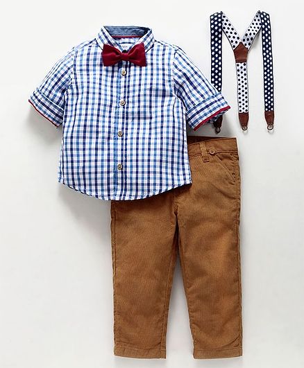 Babyoye Cotton Shirt Bottom and Suspender Set With Bow - White Brown