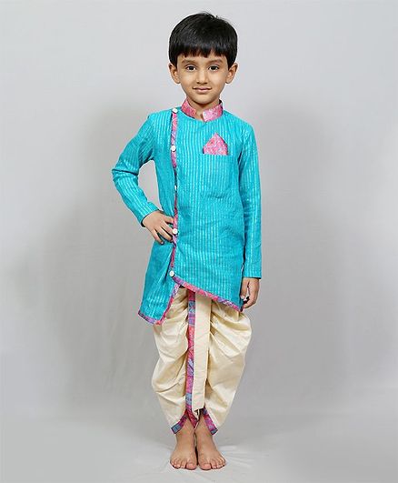 Kirti Agarwal Pret N Couture Varsha Showering Trends Self Striped Full Sleeves Angarakha Style Kurta With Dhoti - Blue & Off White