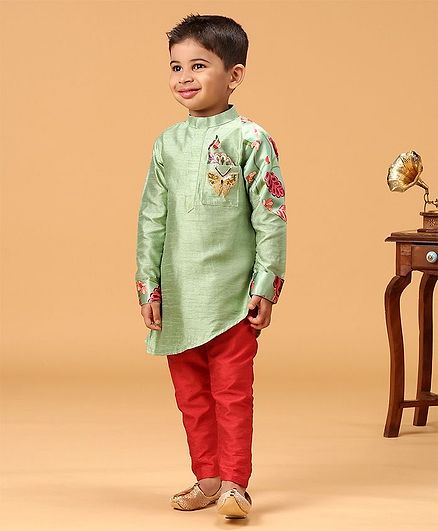 Kirti Agarwal Pret N Couture Varsha Showering Trends Butterfly Sequin Patch Full Sleeves Kurta With Pajama - Green & Red
