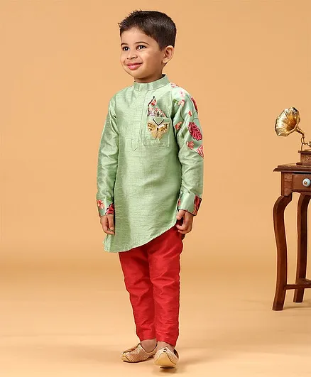 KIRTI AGARWAL PRET N COUTURE Butterfly Sequin Patch Full Sleeves Kurta With Pajama - Green & Red