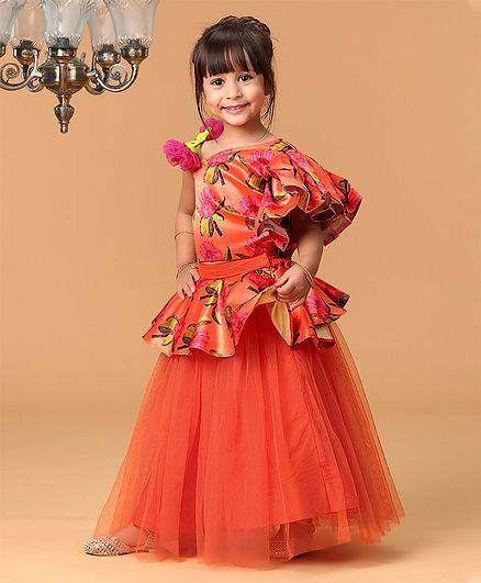 Kirti Agarwal Pret N Couture Varsha Showering Trends Flower Print Sleeveless Choli With Lehenga - Orange