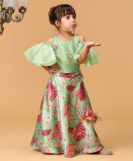 Kirti Agarwal Pret N Couture Varsha Showering Trends Half Sleeves Choli With Flower Print Lehenga - Green