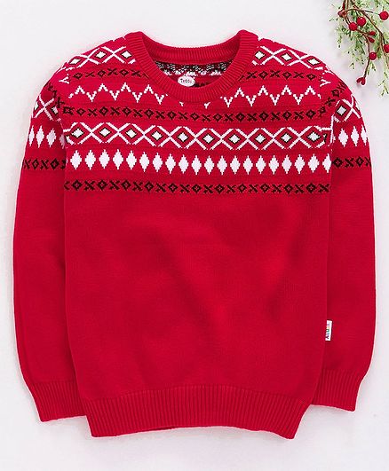 Teddy Full Sleeves Sweater Geometric Design - Red