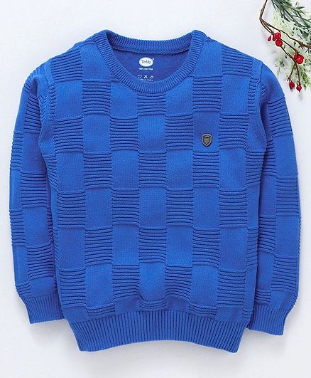 Teddy Full Sleeves Check Sweater - Royal Blue