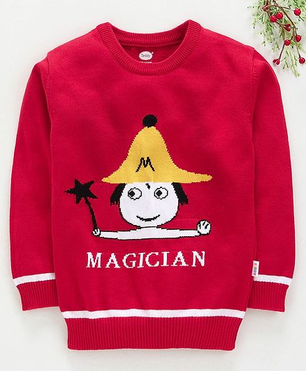 Teddy Full Sleeves Sweater Magician Design - Red