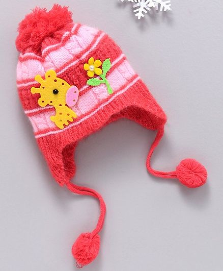 Babyhug Woolen Cap With Pom Pom Giraffe Patch - Peach