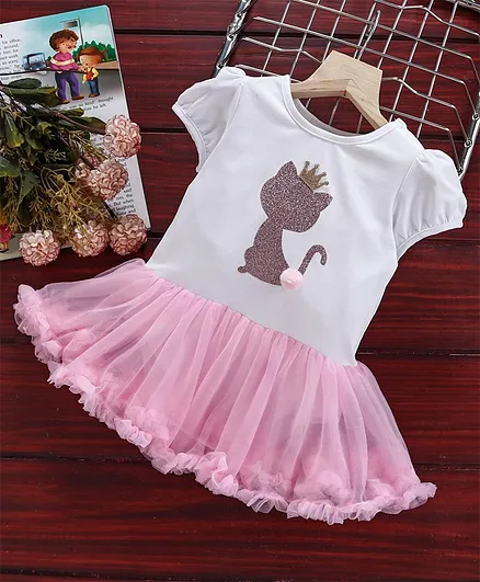 Mark & Mia Short Sleeves Party Wear Frock Style Onesie Kitty Print - White Light Pink