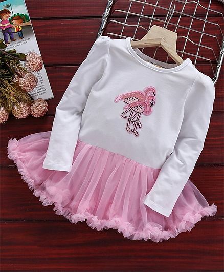 Mark & Mia Full Sleeves Party Wear Frock Style Onesies Flamingo Patch - White