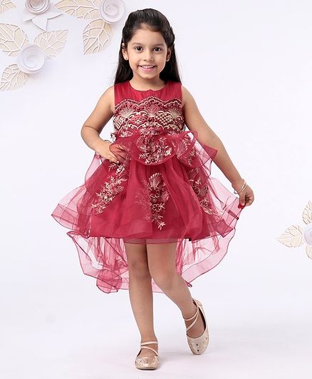 Mark & Mia Sleeveless Party Wear Frock Floral Embroidery - Red