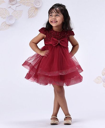 Mark & Mia Cap Sleeves Party Wear Frock Pearl Embellishment - Red