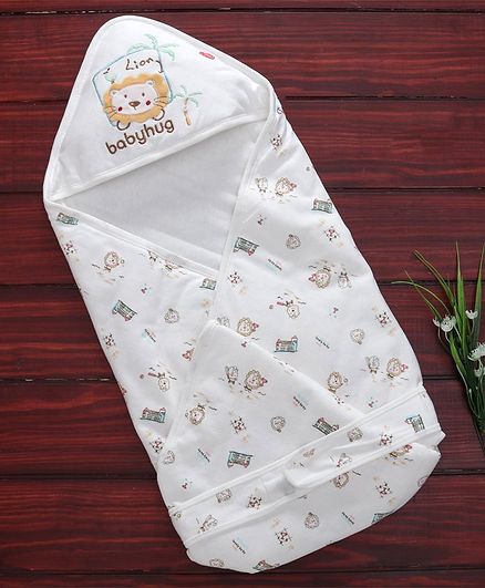 Babyhug Hooded Wrapper Lion Print - White