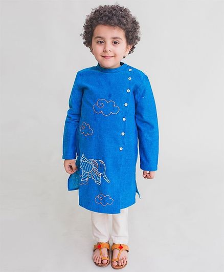 Tiber Taber Elephant Embroidered Full Sleeves Kurta With Pyjama - Blue