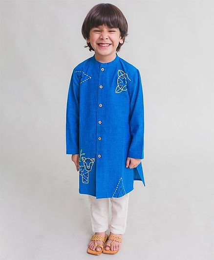 Tiber Taber Tiger Embroidered Full Sleeves Kurta & Pyjama Set - Blue