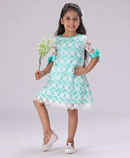 Babyhug Half Sleeves Frock Floral Embroidered - Green