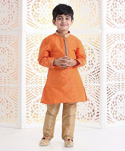 Babyhug Full Sleeves Solid Kurta Pyjama Set - Orange