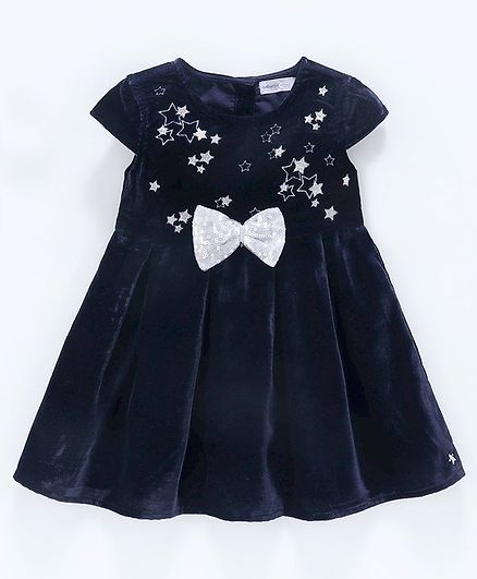 Babyoye Cap Sleeves Frock Star Embroidered - Navy